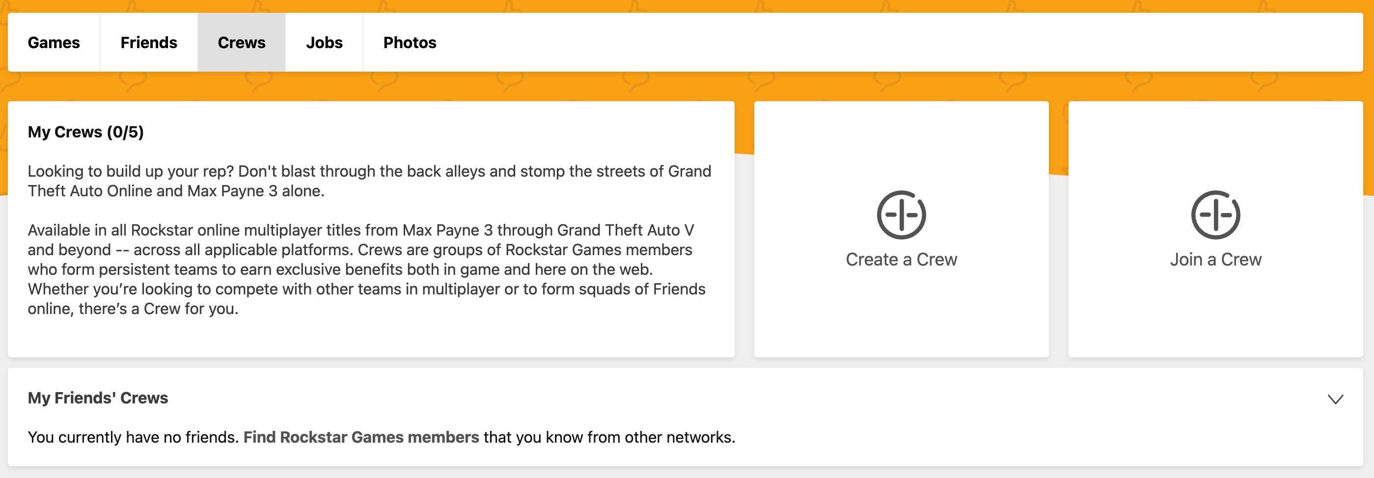 Rockstar Social Club crews list with Create a Crew.