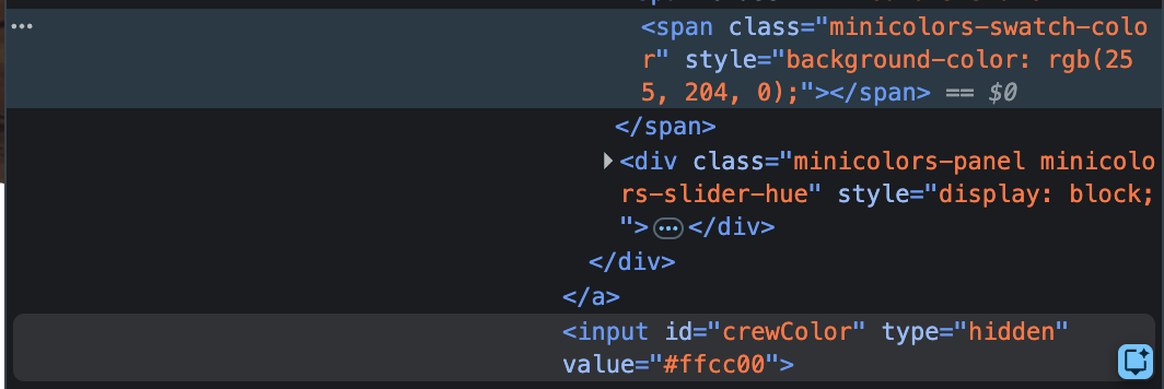 Browser devtools with the crew color swatch and markup highlighted.